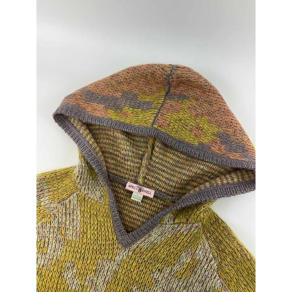 April Cornell Hooded Sweater Pullover Knit Yellow Purple Geometric Womens Large - Picture 9 of 14